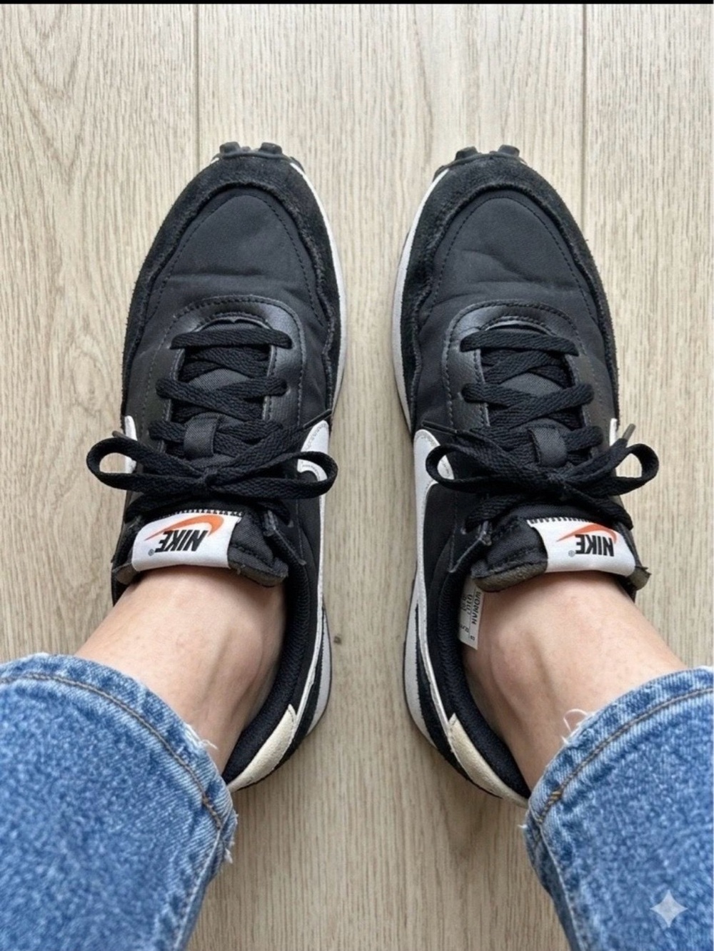 Nike Black and White Retro Runner Sneakers with Orange Logo